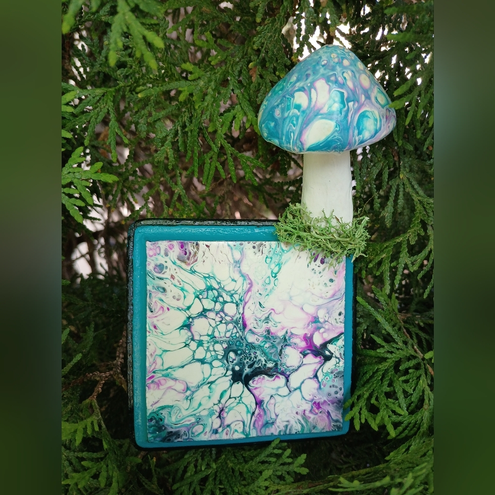 "Intergalactic Mycelium" Upcycled Mushroom Pour Art Wooden Wall Mount